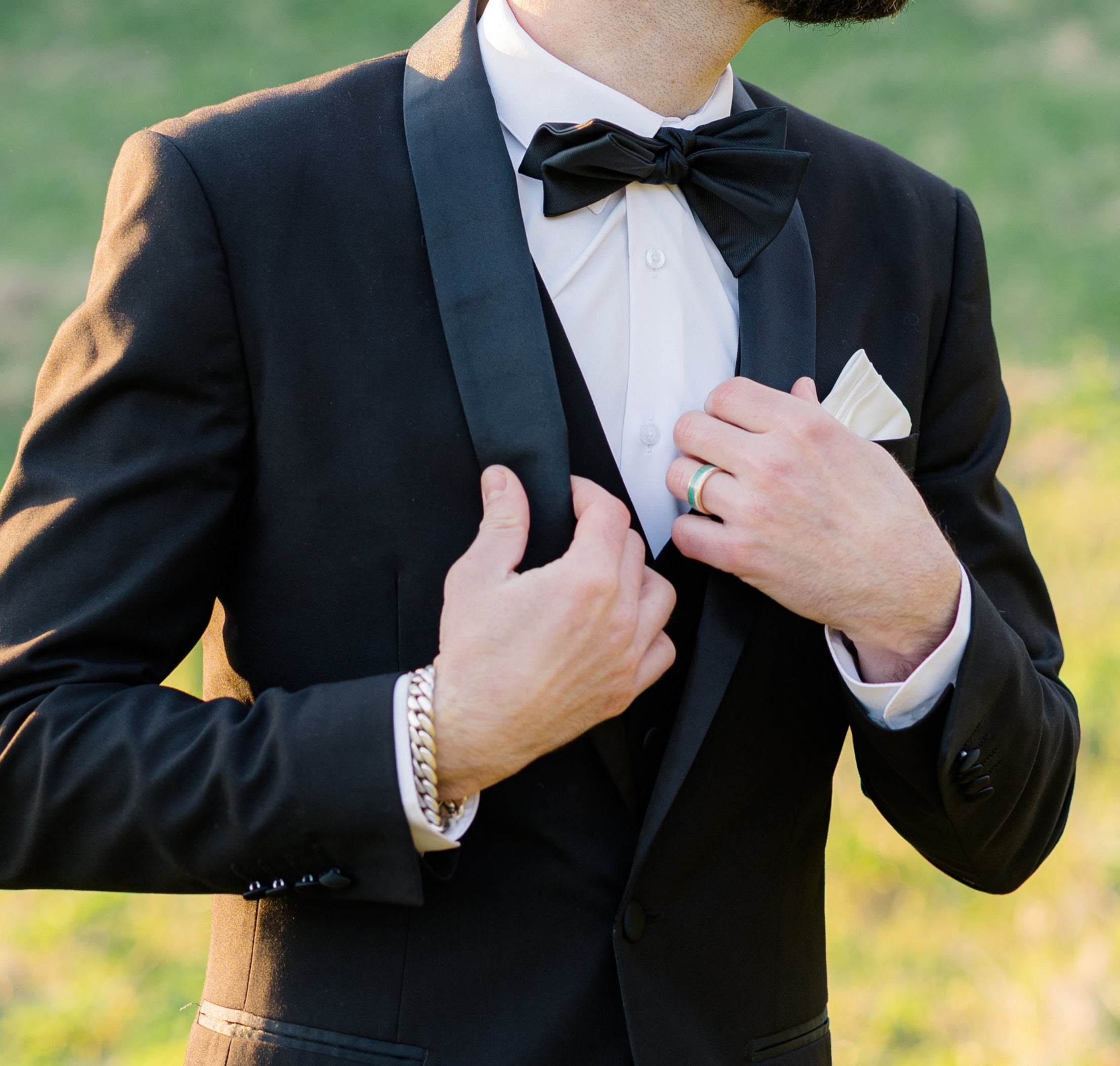 "RAPTOR" - MOTHER OF PEARL & MALACHITE WEDDING RING FEATURING A HAMMERED 14K GOLD BAND-Staghead Designs
