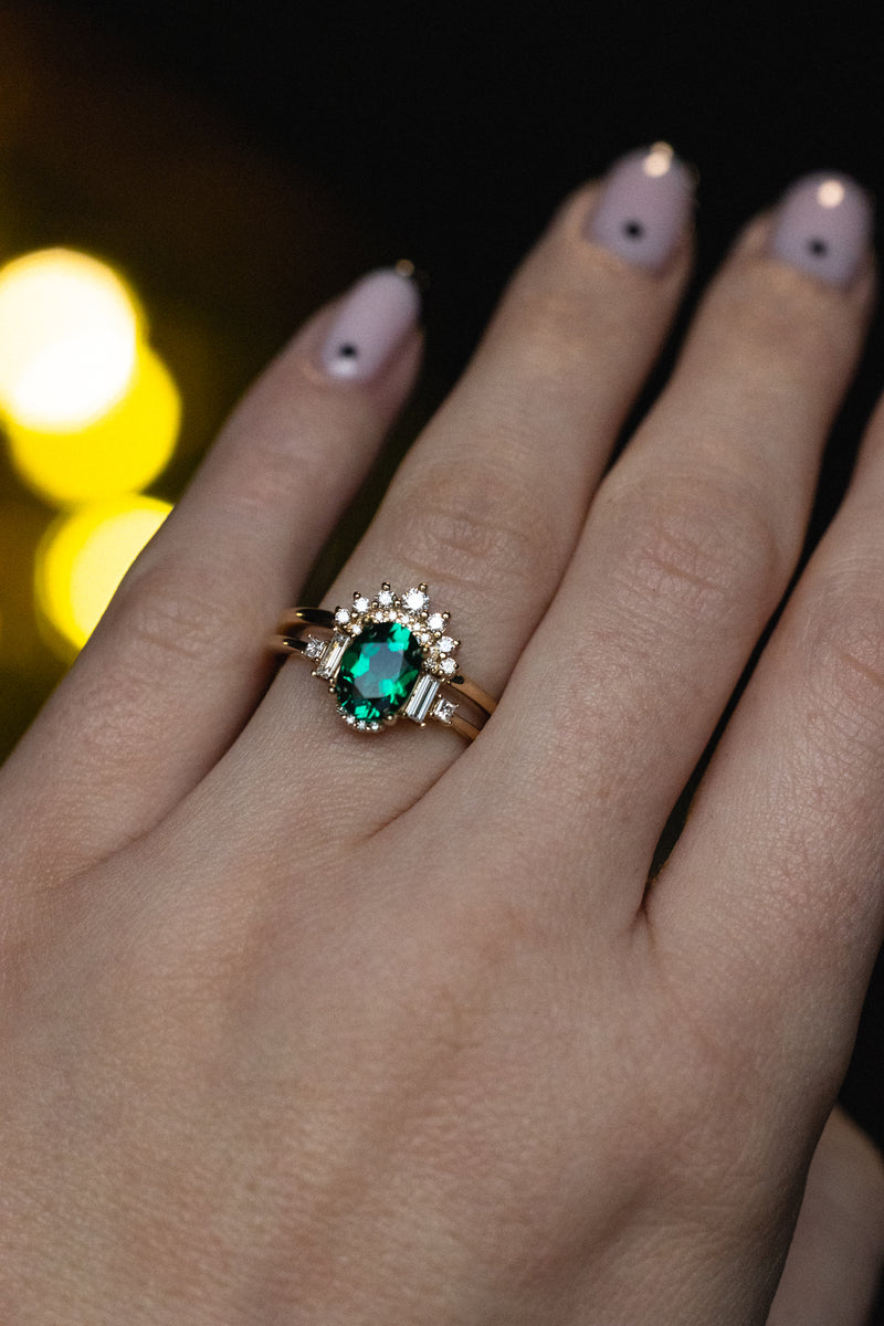 "ORNA" - OVAL LAB-GROWN EMERALD ENGAGEMENT RING WITH DIAMOND ACCENTS & TRACER-17