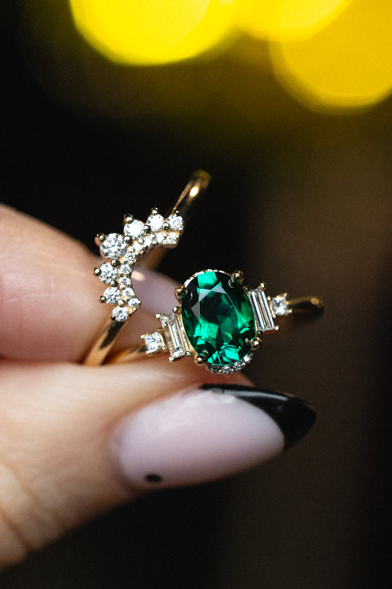 "ORNA" - OVAL LAB-GROWN EMERALD ENGAGEMENT RING WITH DIAMOND ACCENTS & TRACER-15