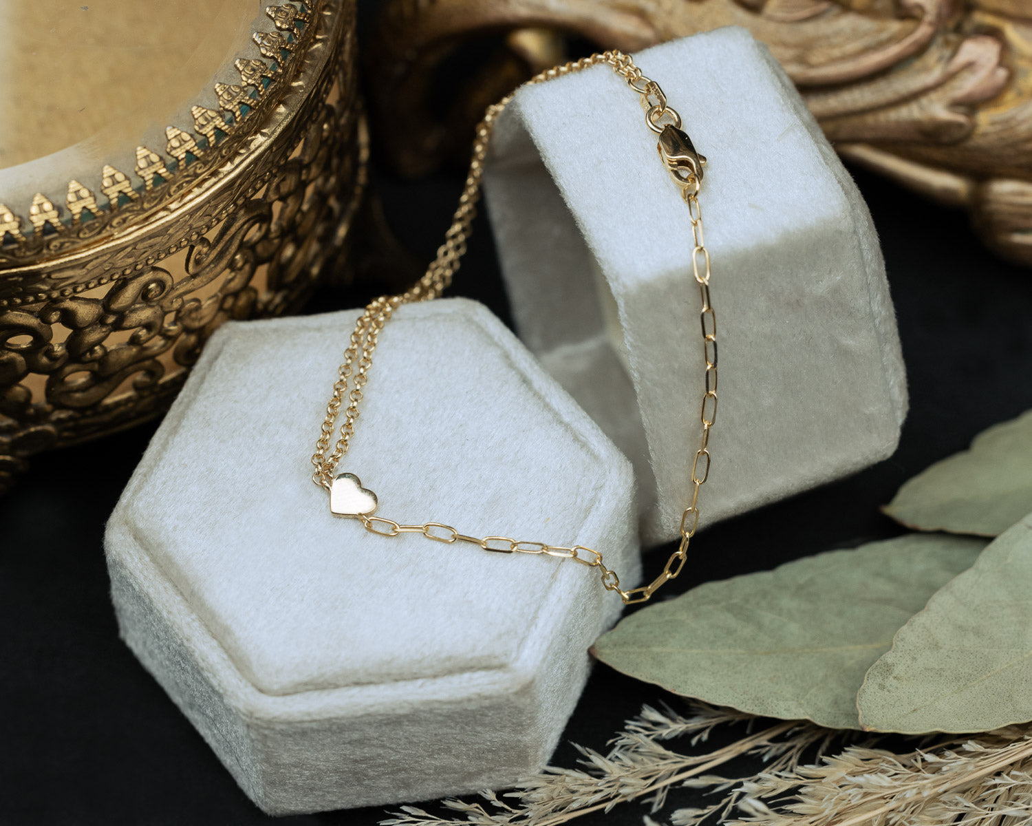 14K GOLD DOUBLE ROLO & PAPERCLIP HEART BRACELET-Staghead Designs