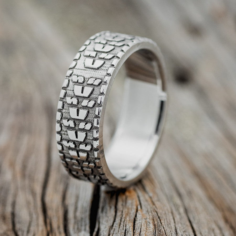 "PARCEL"- CUSTOM EMBOSSED DIRT BIKE TIRE TREAD WEDDING BAND-1