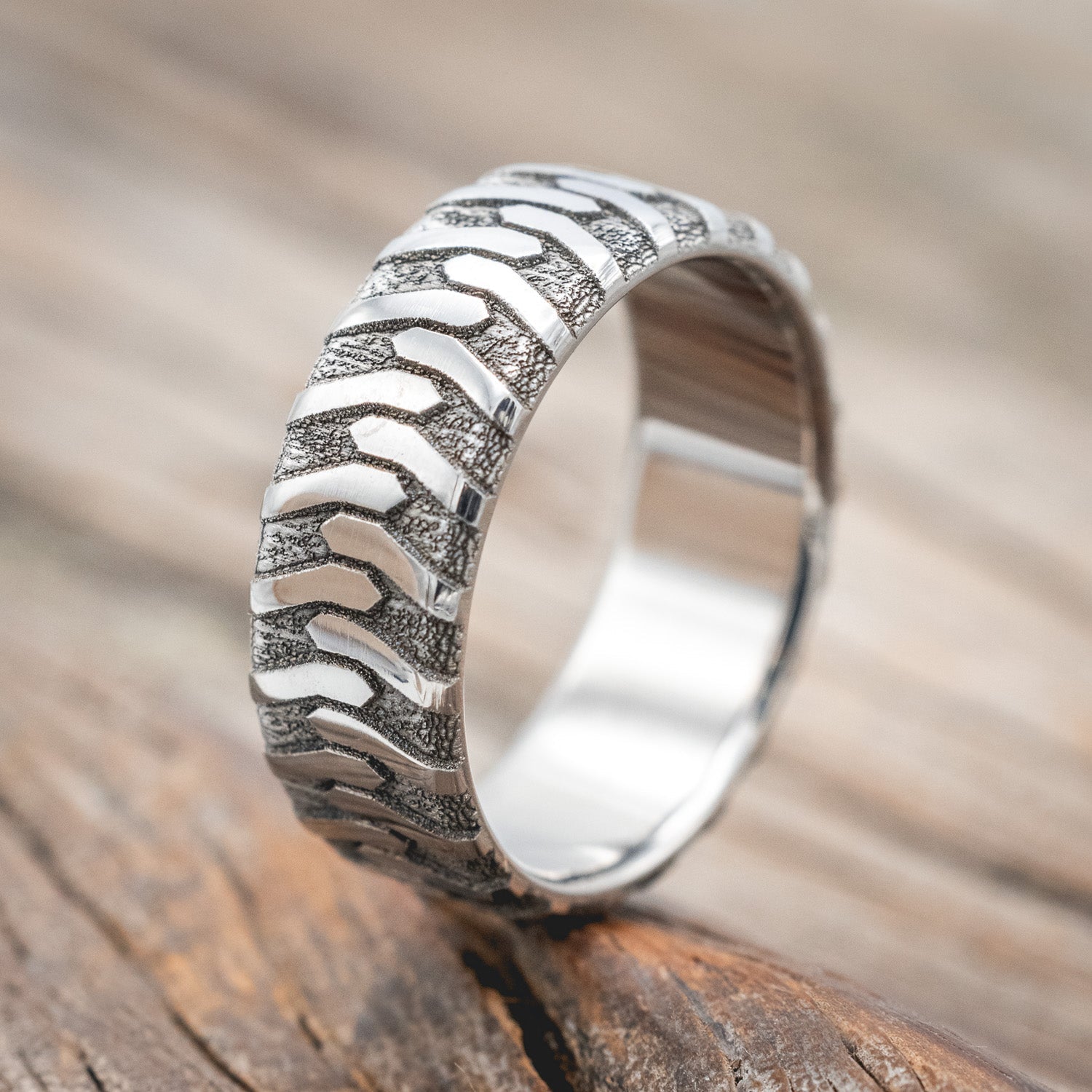 "PARCEL" - CUSTOM EMBOSSED TIRE TREAD WEDDING RING-Staghead Designs