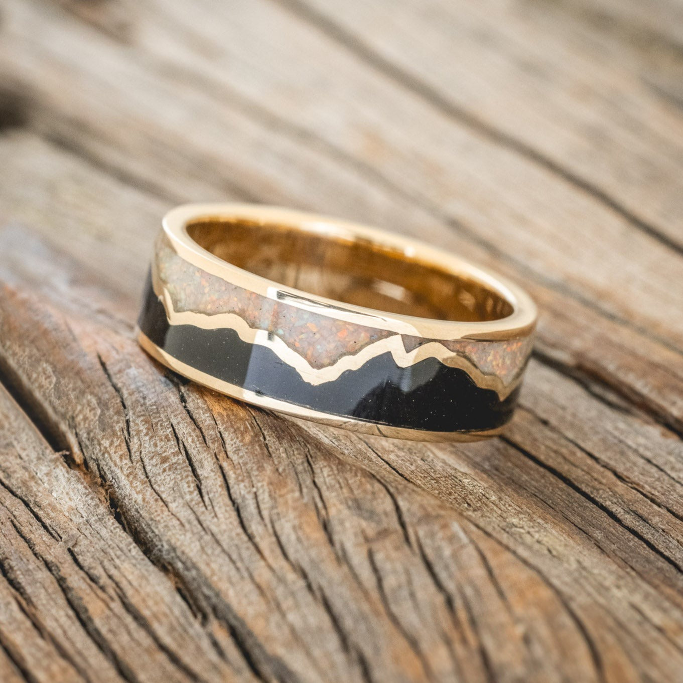 "PEAK" - WHITE OPAL & JET STONE INLAY WITH MOUNTAIN RANGE WEDDING BAND-1
