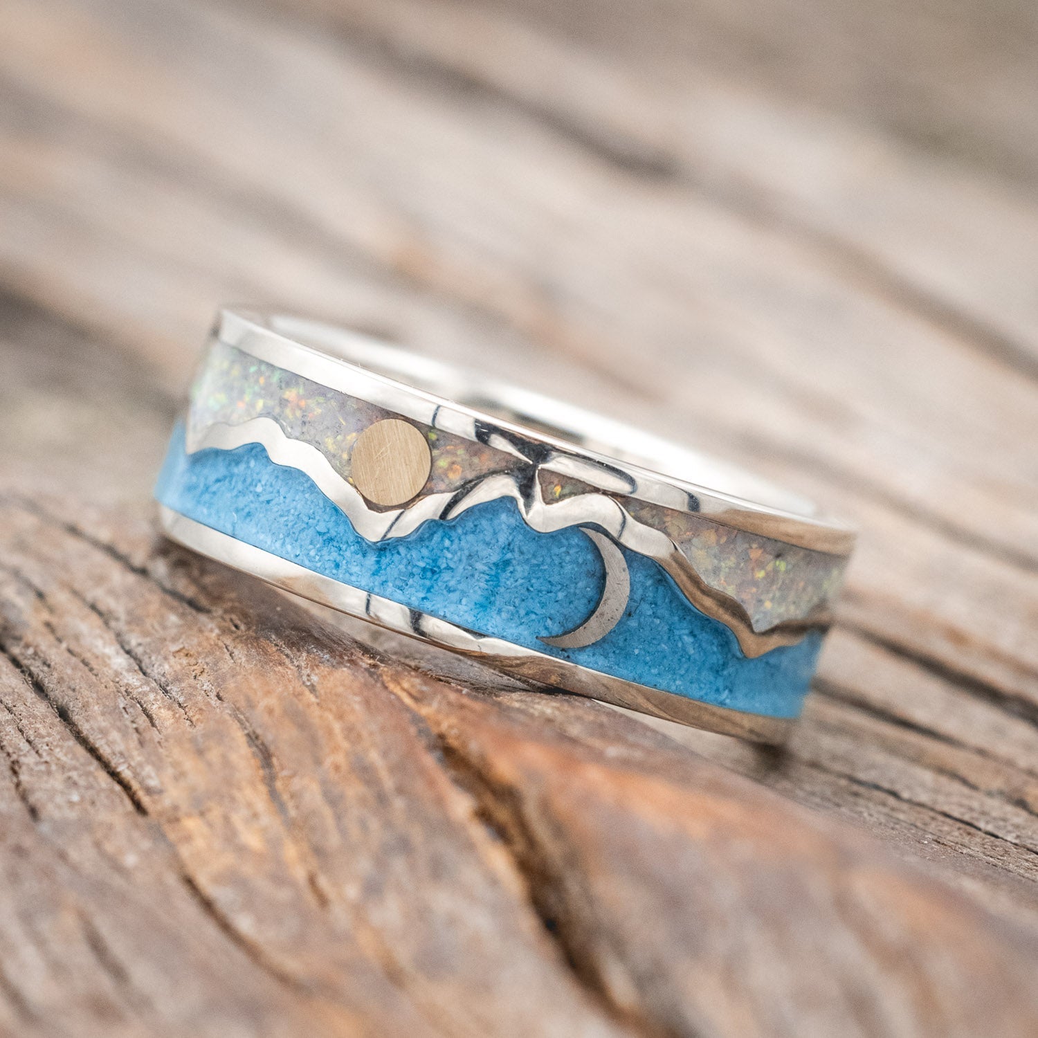 "PEAK" - WHITE OPAL & TURQUOISE INLAY MOUNTAIN RANGE WEDDING BAND WITH SUN & CRESCENT MOON ACCENTS-Staghead Designs