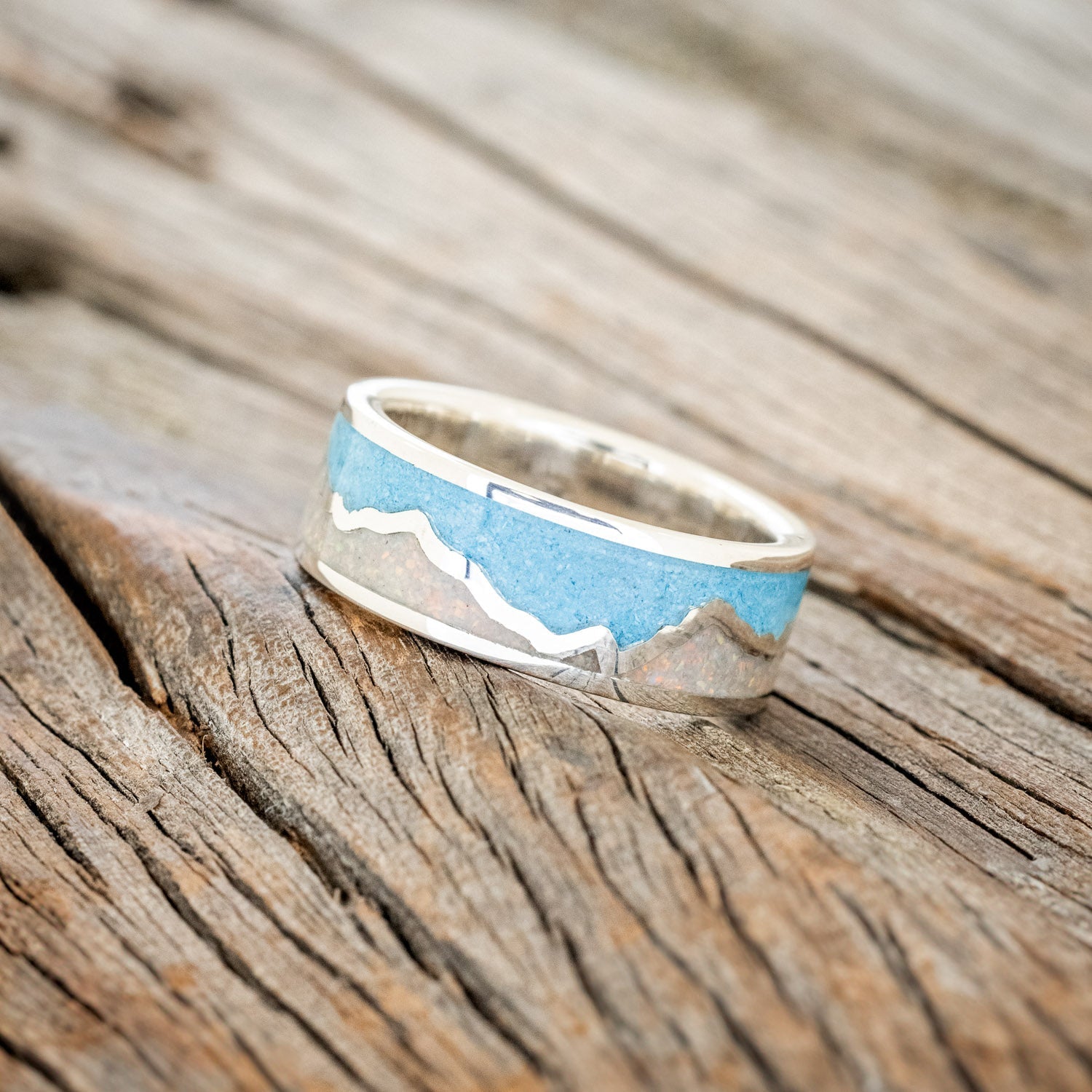 "PEAK" - WHITE OPAL & TURQUOISE INLAY WITH MOUNTAIN RANGE WEDDING BAND-1