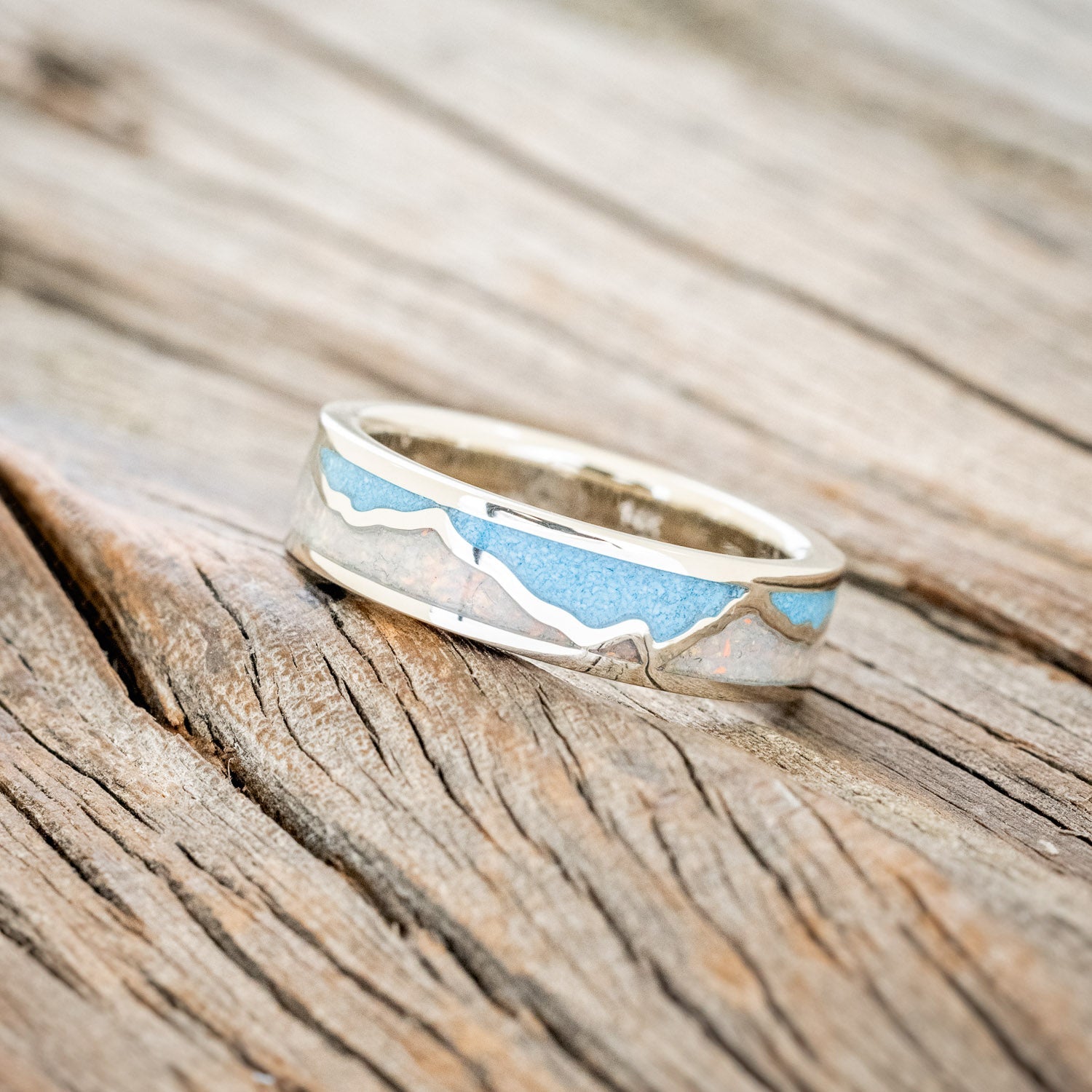 "PEAK" - WHITE OPAL & TURQUOISE INLAY WITH SILVER MOUNTAIN RANGE WEDDING BAND-1