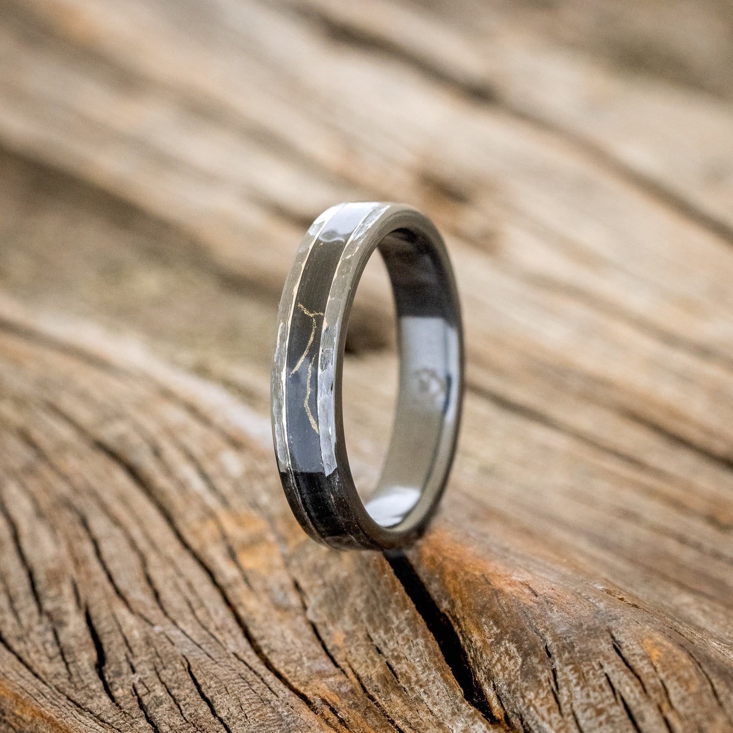 "PERENNA" - BLACK & GOLD MATRIX TRUSTONE STACKING BAND WITH HAMMERED FINISH-1