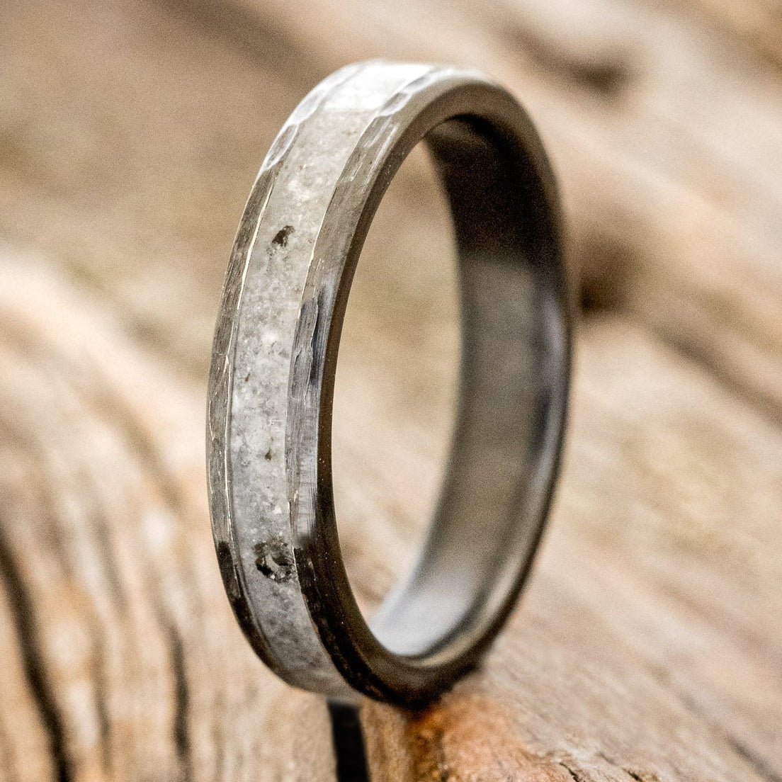"PERENNA" - MOONSTONE STACKING BAND FEATURING BLACK ZIRCONIUM WITH HAMMERED EDGES-1