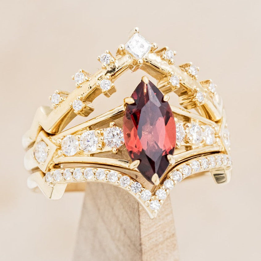 "PERSEPHONE" - BRIDAL SUITE - MARQUISE-CUT MOZAMBIQUE GARNET ENGAGEMENT RING WITH DIAMOND ACCENTS & TWO DIAMOND TRACERS-1