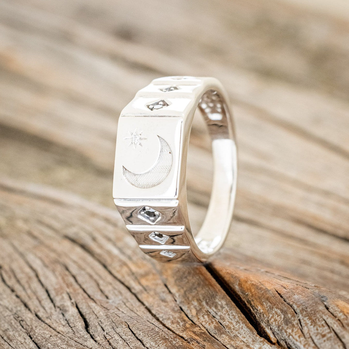 "PERSEUS" - 14K GOLD SIGNET RING WITH CRESCENT MOON ENGRAVING & BLACK DIAMOND ACCENTS-1