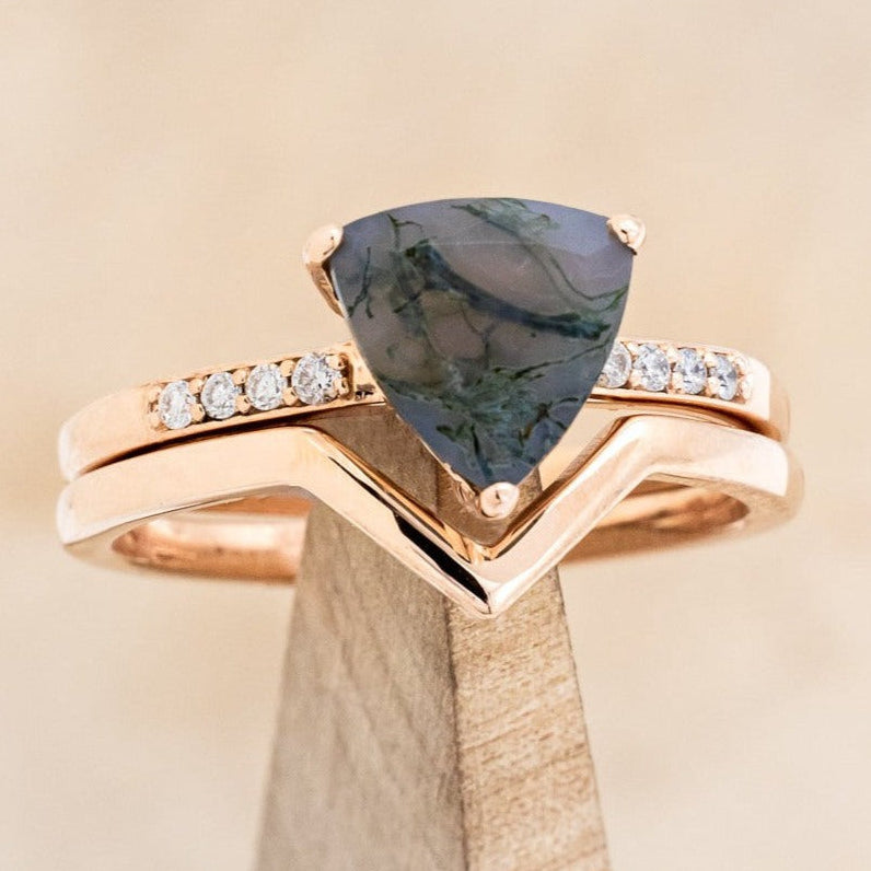 "PIPER" - TRILLION CUT MOSS AGATE ENGAGEMENT RING WITH DIAMOND ACCENTS & TRACER-1