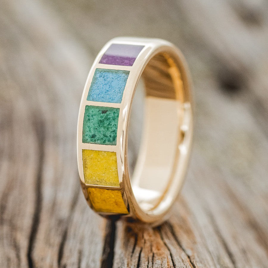 PRIDE WEDDING BAND WITH SUGILITE, TURQUOISE, MALACHITE, ORPIMENT & JASPER INLAYS-1