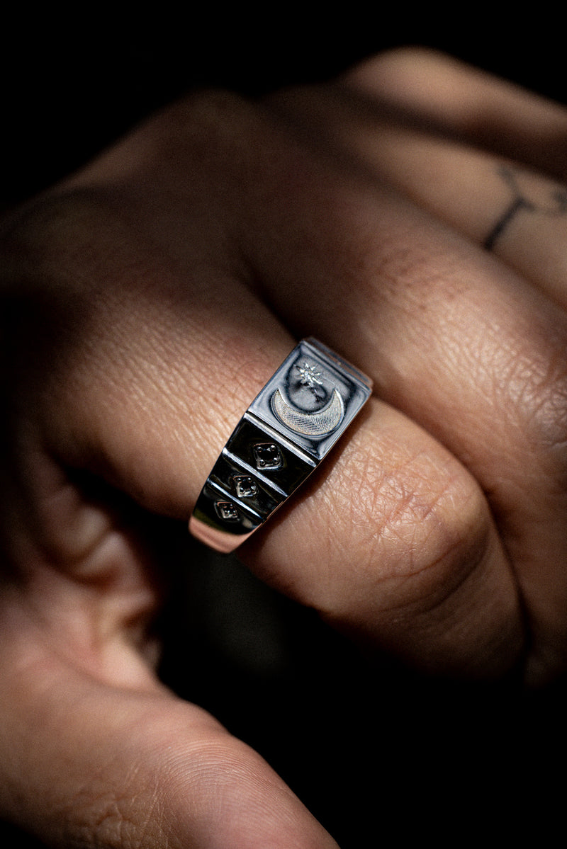 "PERSEUS" - 14K GOLD SIGNET RING WITH CRESCENT MOON ENGRAVING & BLACK DIAMOND ACCENTS