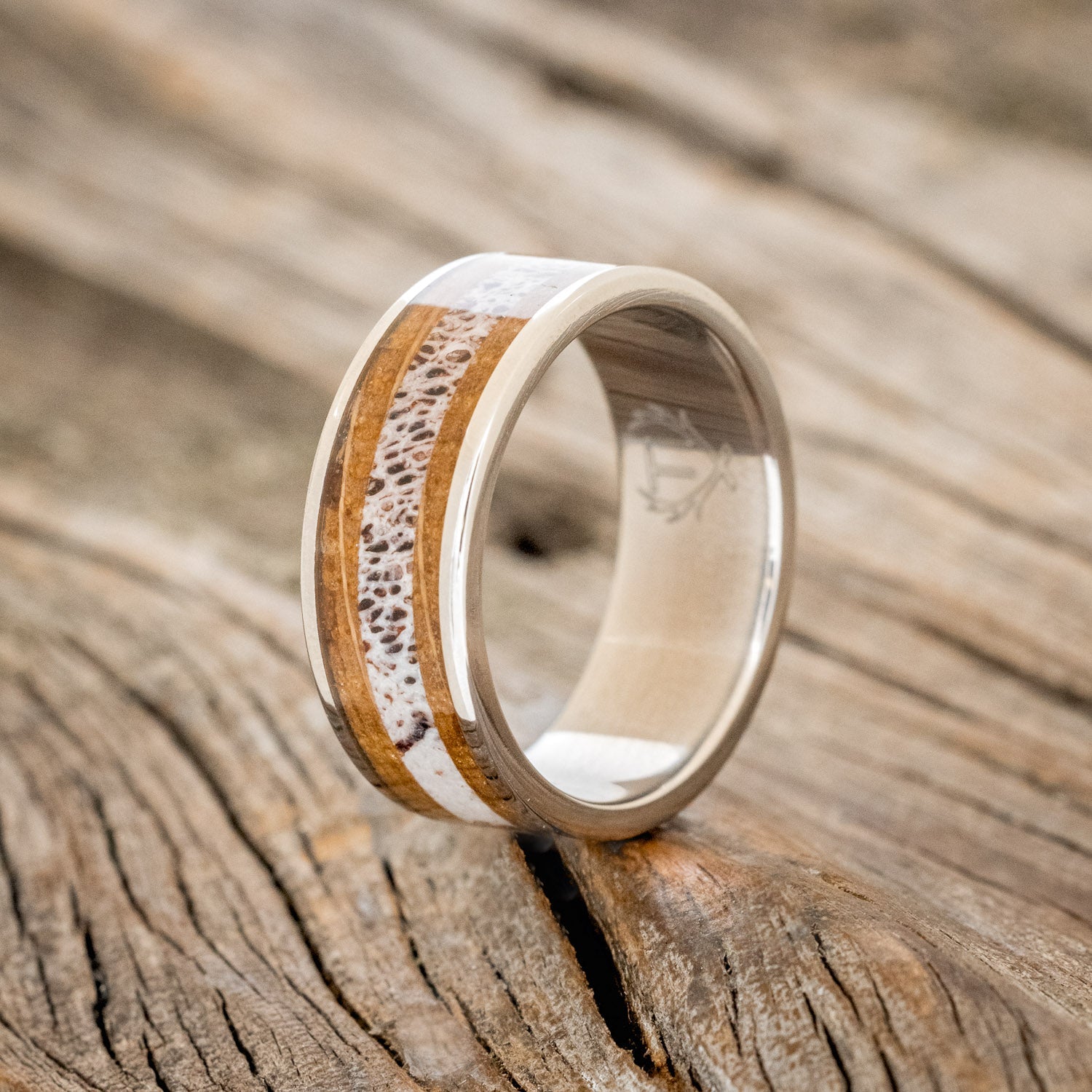 "RAINIER" - ANTLER & WHISKEY BARREL OAK WEDDING BAND - READY TO SHIP-1
