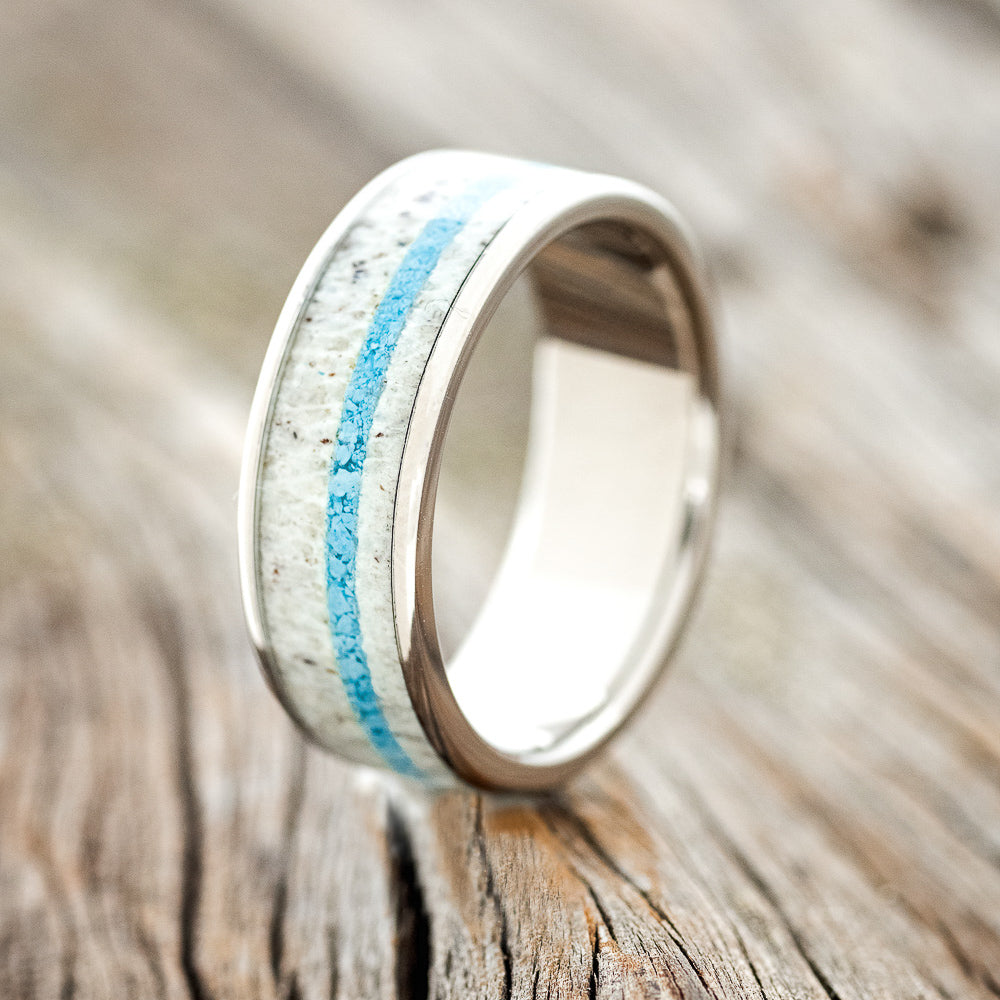 "RAINIER" - ANTLER & OFFSET TURQUOISE INLAY WEDDING BAND - READY TO SHIP-1