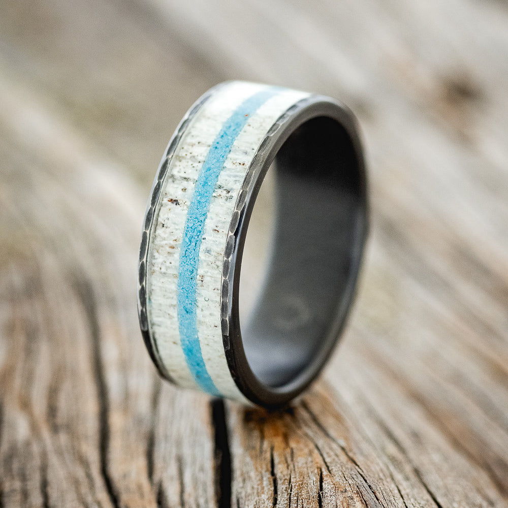 "RAINIER" - ANTLER & TURQUOISE WEDDING BAND WITH A HAMMERED FINISH - READY TO SHIP-1