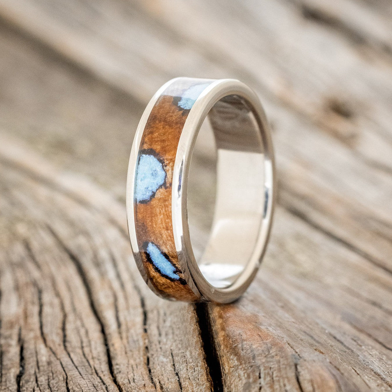 "RAINIER" - BUCKEYE BURL & TURQUOISE WEDDING BAND-1
