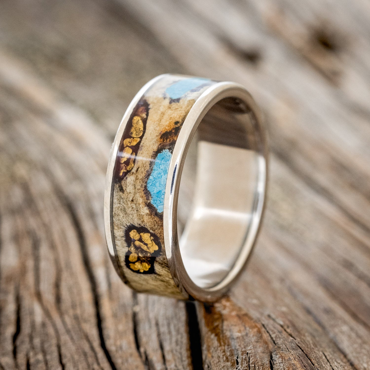 "RAINIER" - BUCKEYE BURL WOOD, GOLD NUGGETS & TURQUOISE WEDDING BAND - READY TO SHIP-1