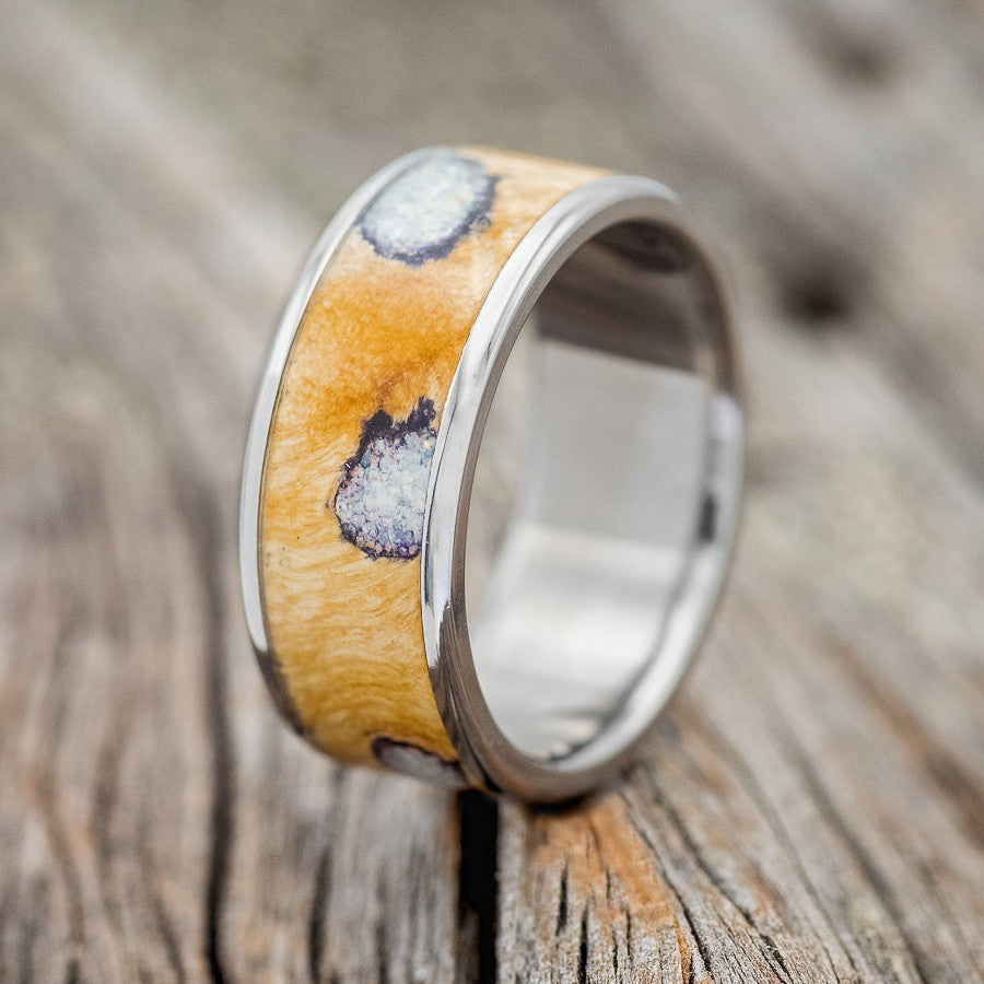 "RAINIER" - BUCKEYE BURL WOOD WITH FIRE & ICE OPAL WEDDING BAND-1