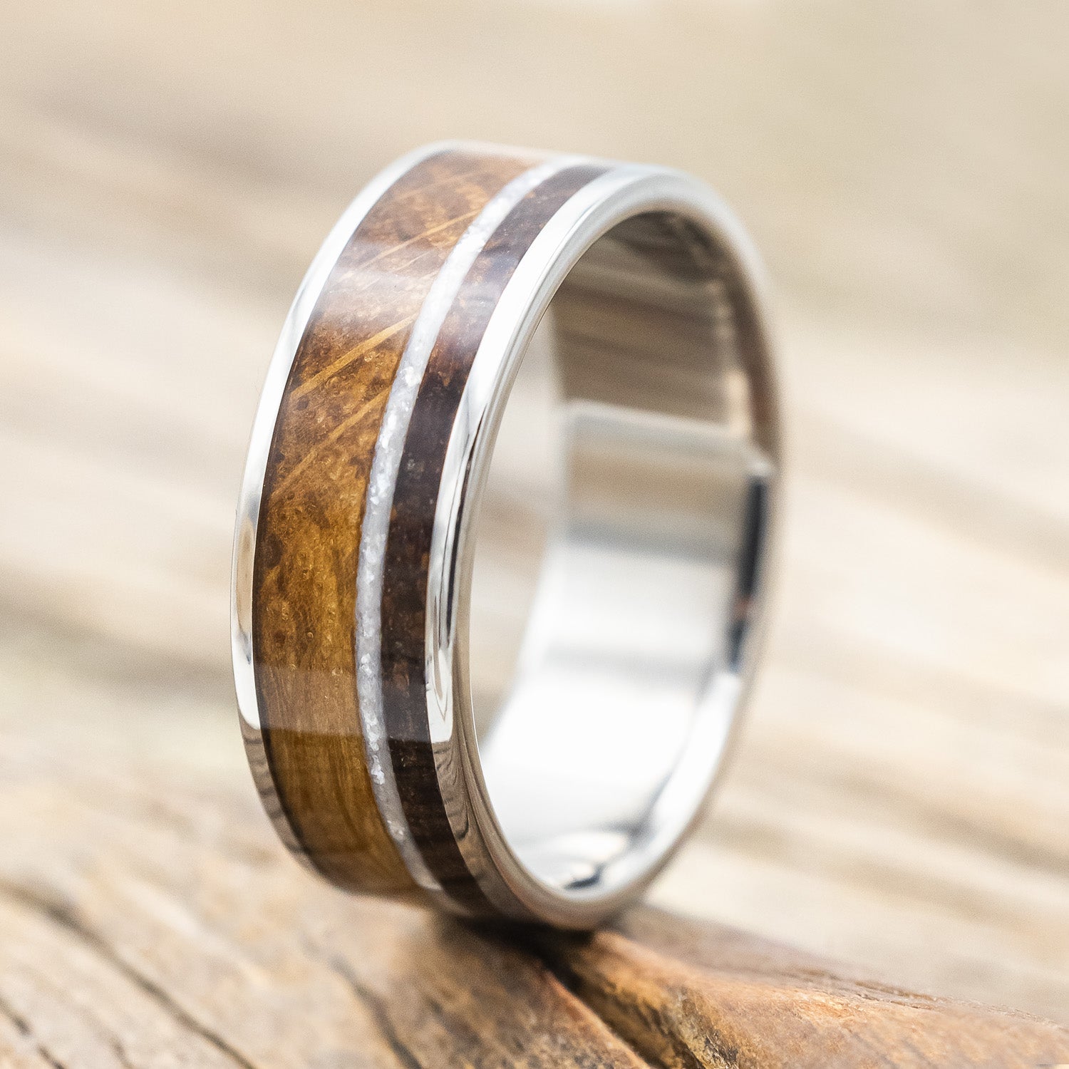 "RAINIER" - DIAMOND DUST, WHISKEY BARREL & COFFEE INLAY WEDDING BAND-Staghead Designs