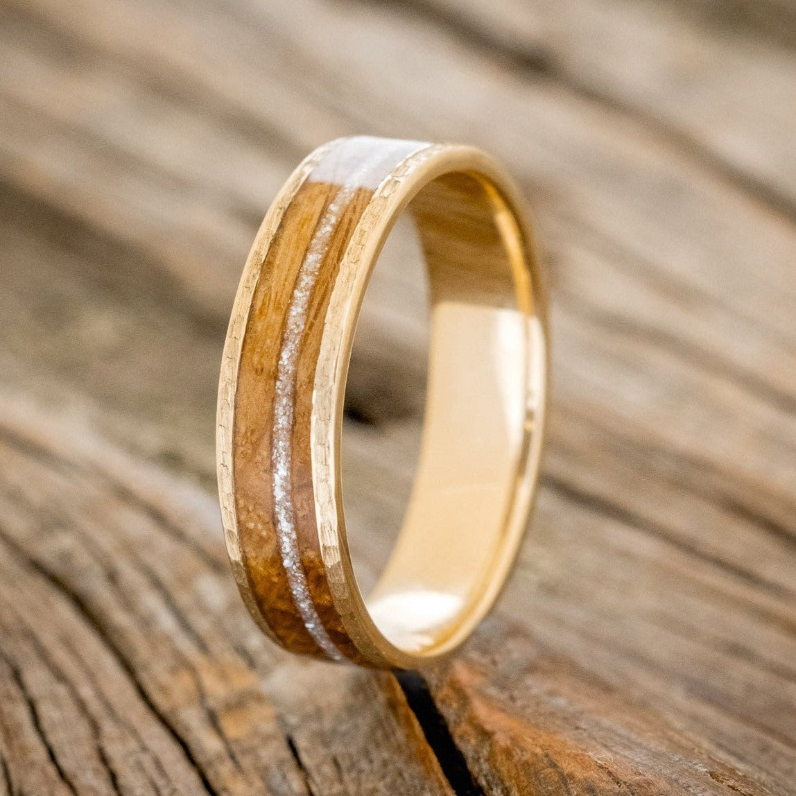 "RAINIER" - DIAMOND DUST & WHISKEY BARREL OAK WEDDING RING FEATURING A HAMMERED 14K GOLD BAND-1