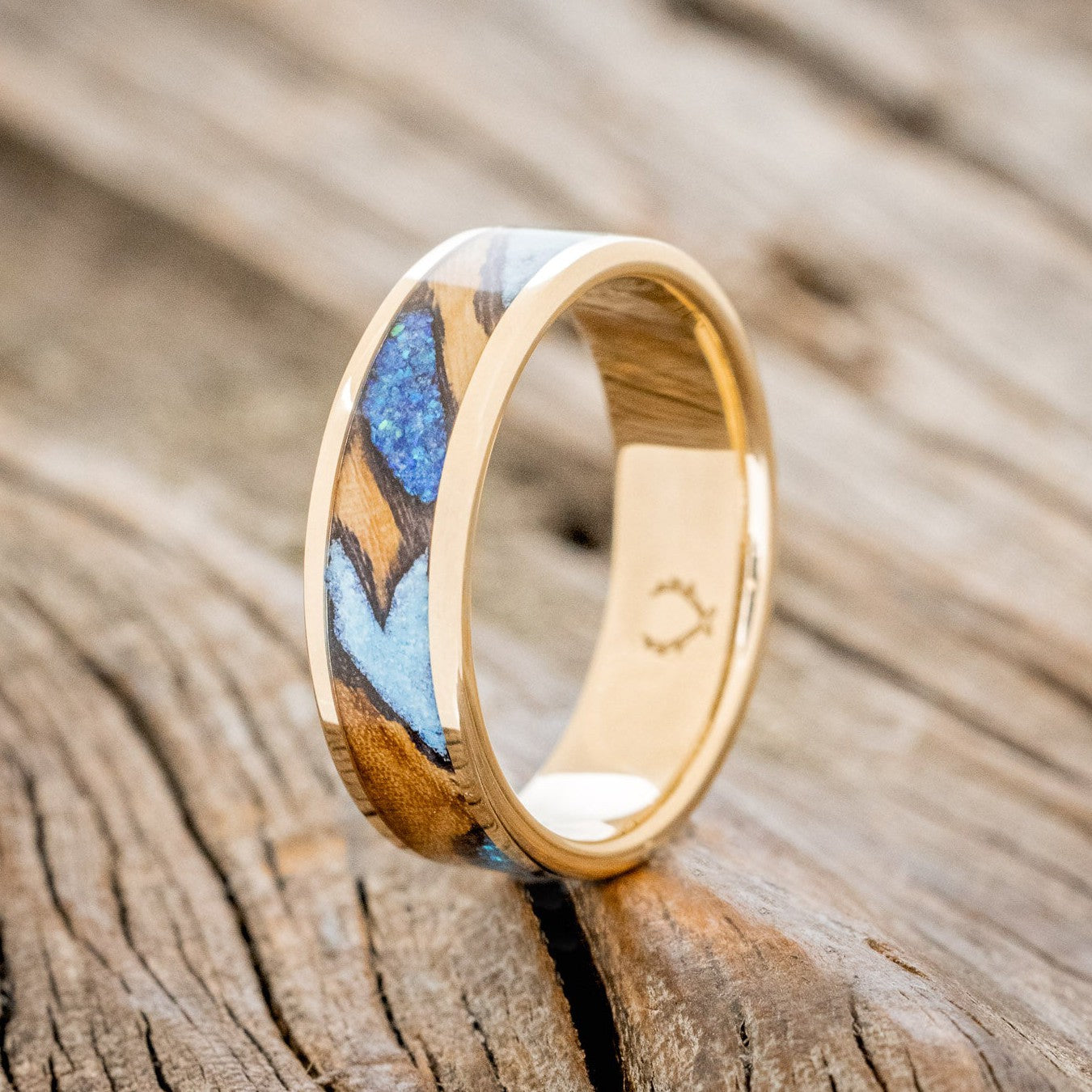 "RAINIER" - ELM BURL WOOD, BLUE OPAL & TURQUOISE WEDDING RING-1