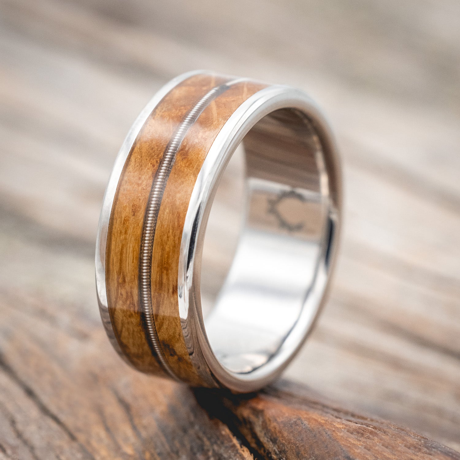 "RAINIER" - GUITAR STRING & WHISKEY BARREL OAK WEDDING RING-Staghead Designs