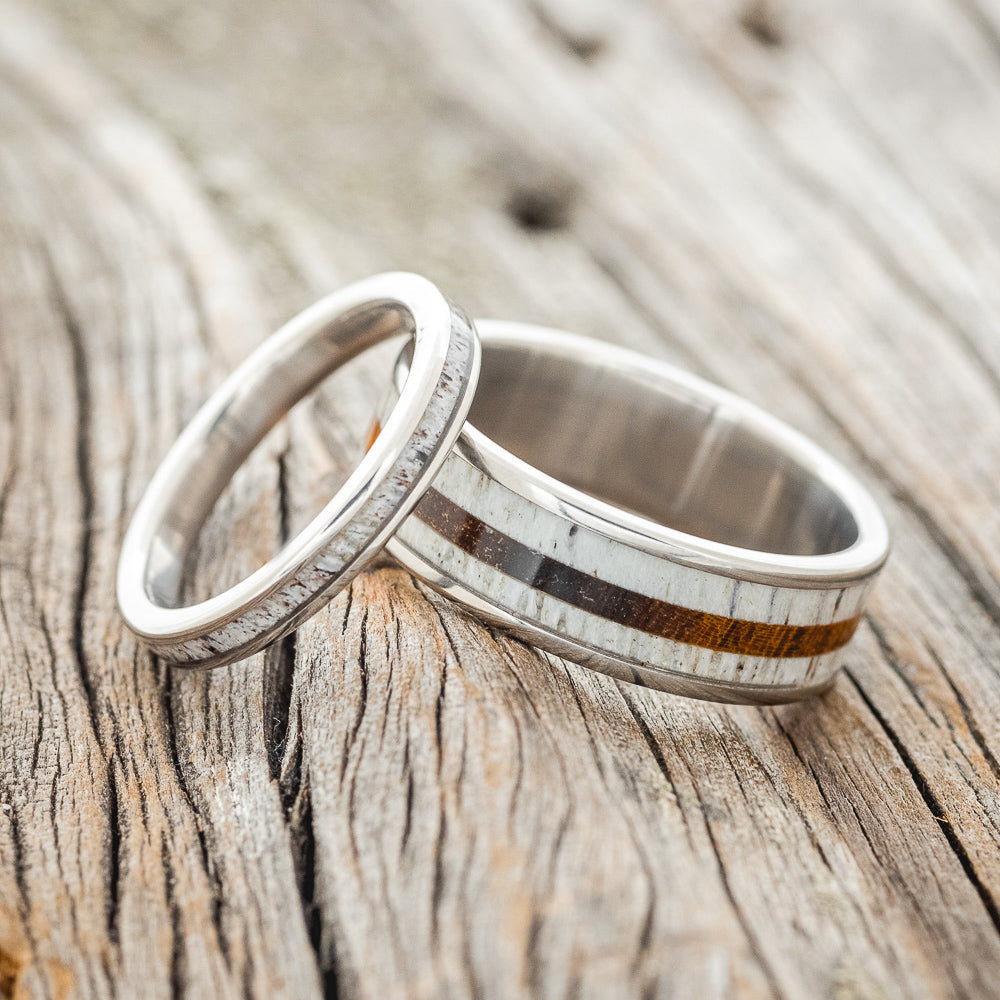 "RAINIER" - MATCHING SET OF ANTLER & IRONWOOD WEDDING BANDS-1