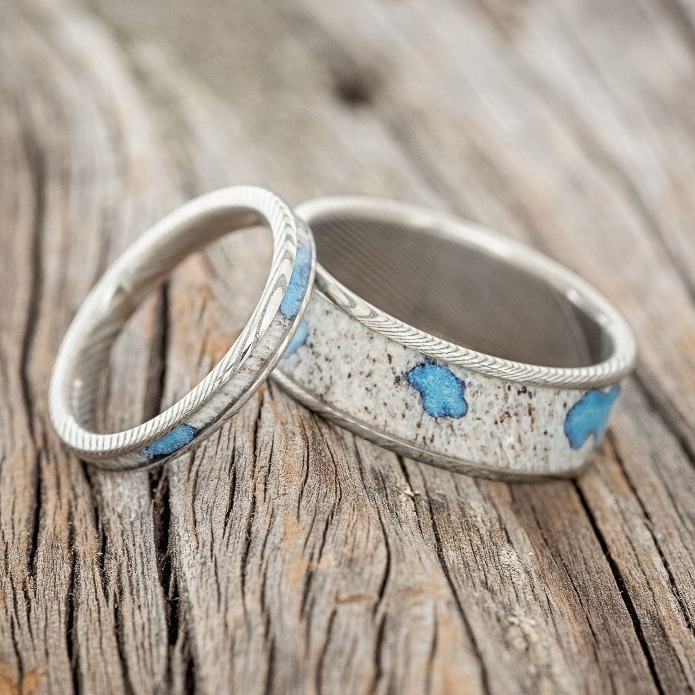 "RAINIER" - MATCHING SET OF ANTLER WEDDING RINGS WITH TURQUOISE DEPOSITS-1