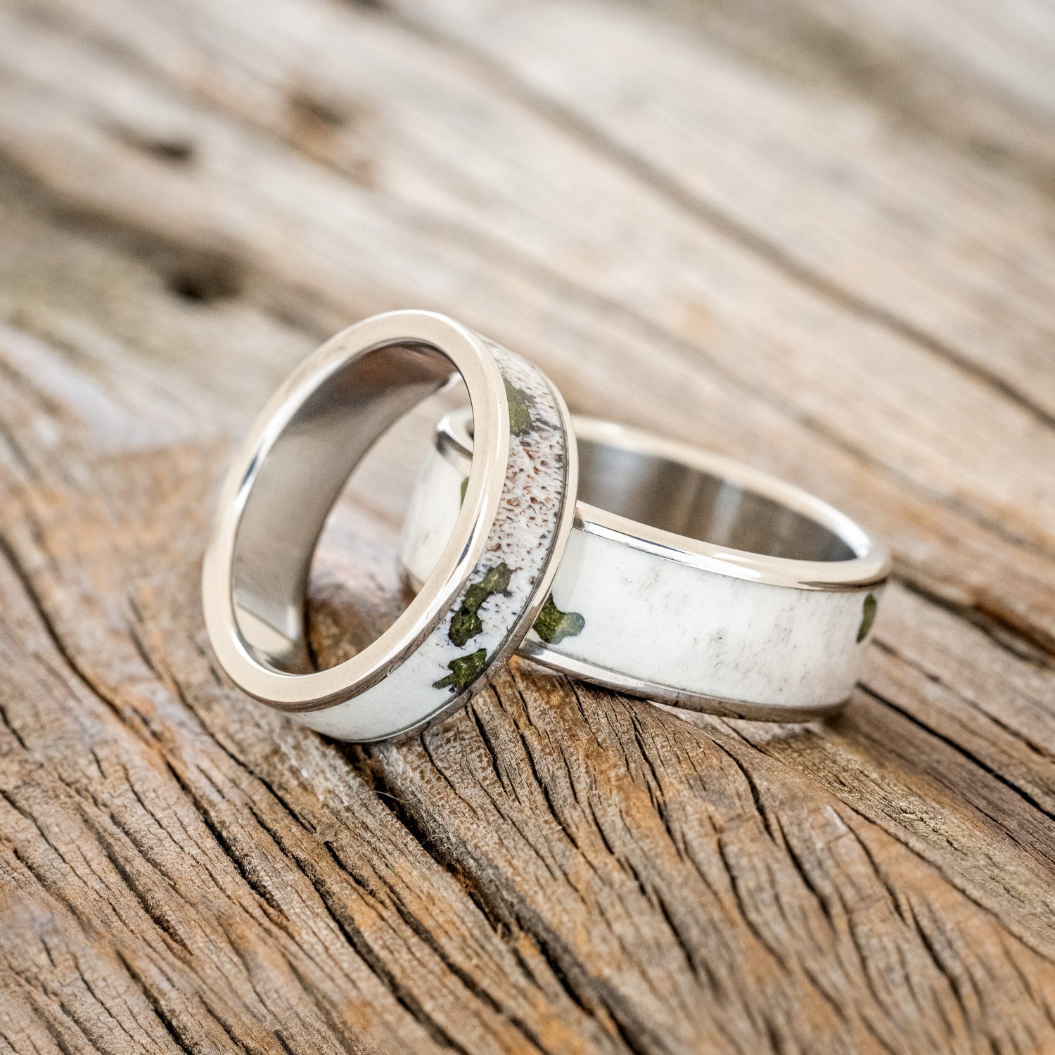 "RAINIER" - MATCHING SET OF MOSS & ANTLER WEDDING BANDS-1