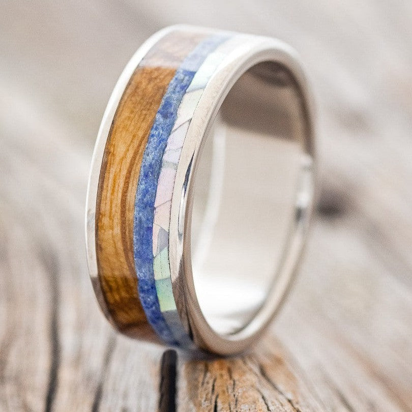 "RAINIER" - MOTHER OF PEARL, LAPIS LAZULI & WHISKEY BARREL OAK WEDDING BAND-1