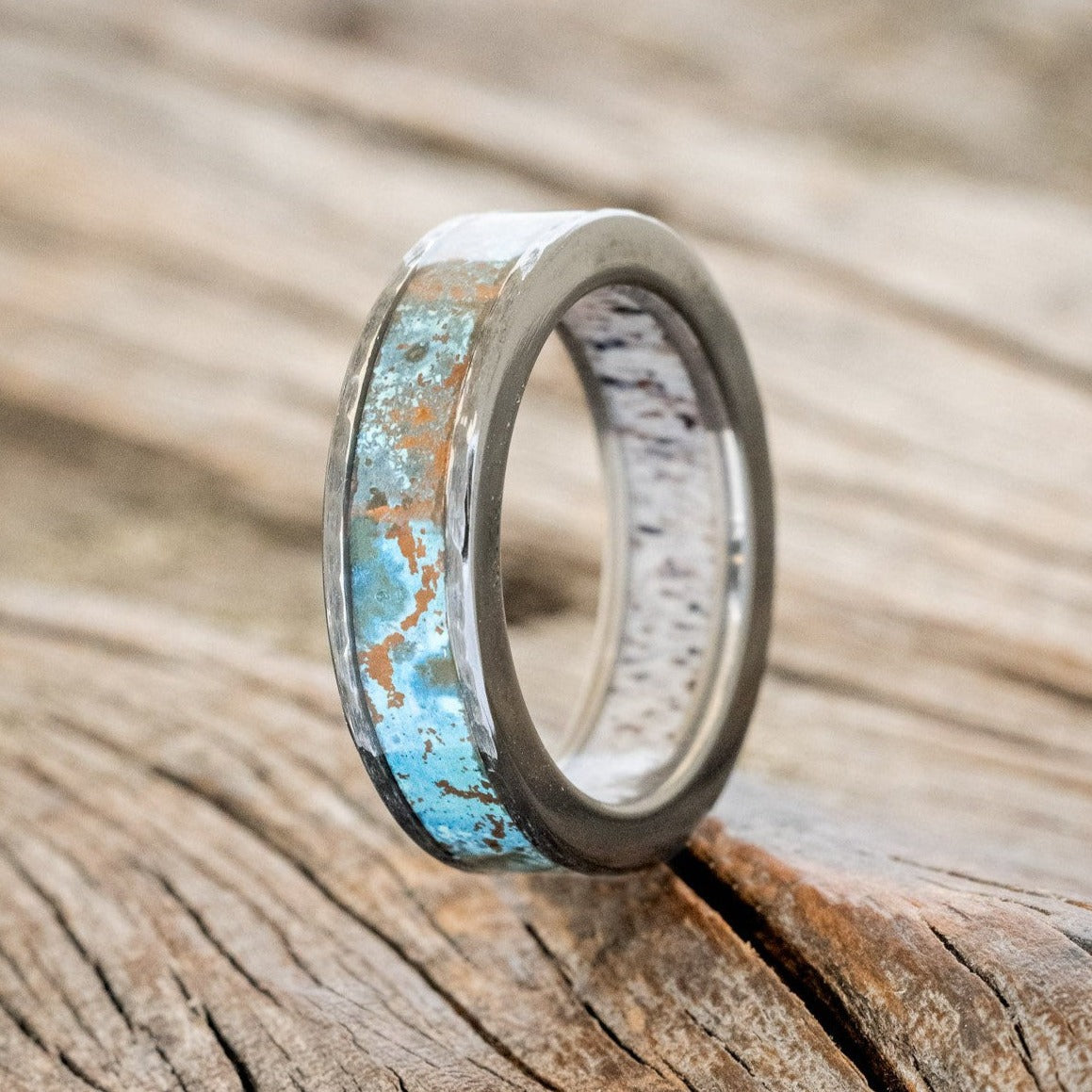 "RAINIER" - PATINA COPPER INLAY & ANTLER LINING WEDDING RING WITH A HAMMERED FINISH-1
