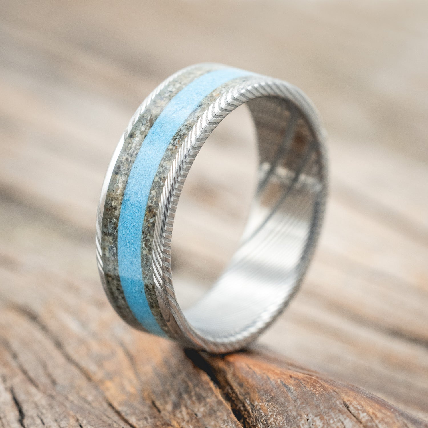 "RAINIER" - SAND & TURQUOISE INLAY WEDDING RING-Staghead Designs