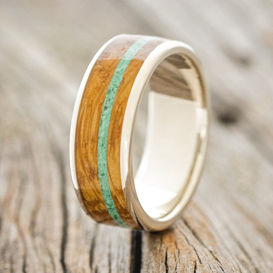 "RAINIER" - WHISKEY BARREL OAK & MALACHITE WEDDING RING FEATURING A 14K GOLD BAND-1