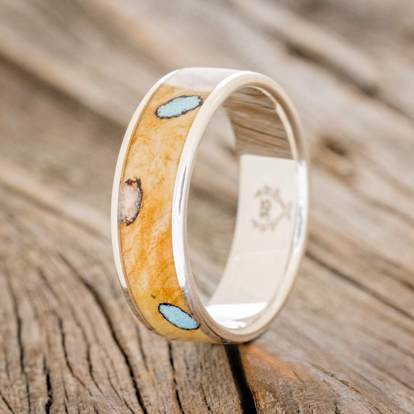 "RAINIER" - WHISKEY BARREL WOOD, OPAL & TURQUOISE WEDDING BAND-1