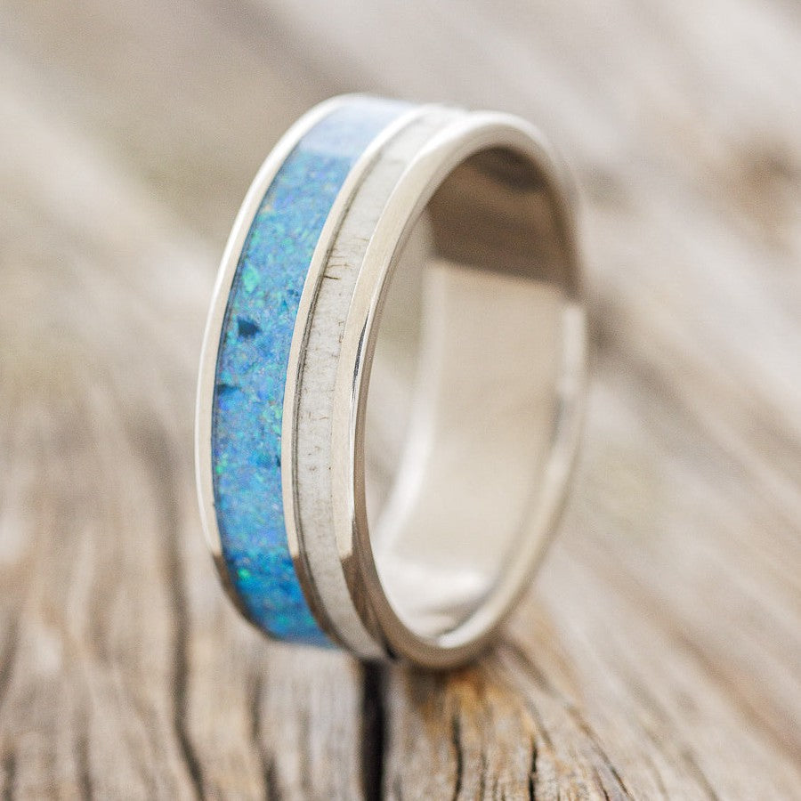 "RAPTOR" - ANTLER & BLUE OPAL WEDDING BAND-1