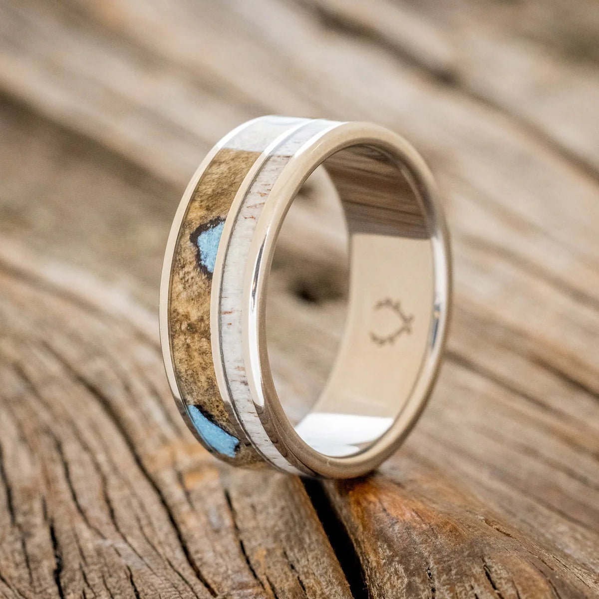 "RAPTOR" - ANTLER, BUCKEYE BURL & TURQUOISE WEDDING RING - TITANIUM - SIZE 8 1/2-Staghead Designs