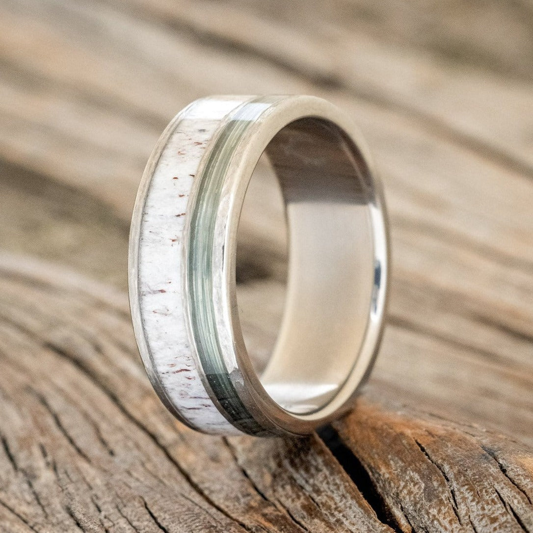 "RAPTOR" - ANTLER & FISHING LINE WEDDING RING FEATURING A HAMMERED BAND-1