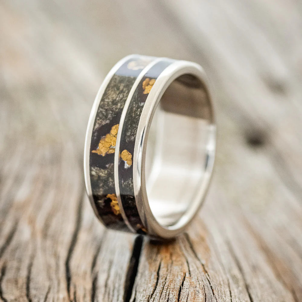 "RAPTOR" - BUCKEYE BURL WOOD WITH GOLD NUGGET INLAYS WEDDING RING - TITANIUM - SIZE 9-Staghead Designs