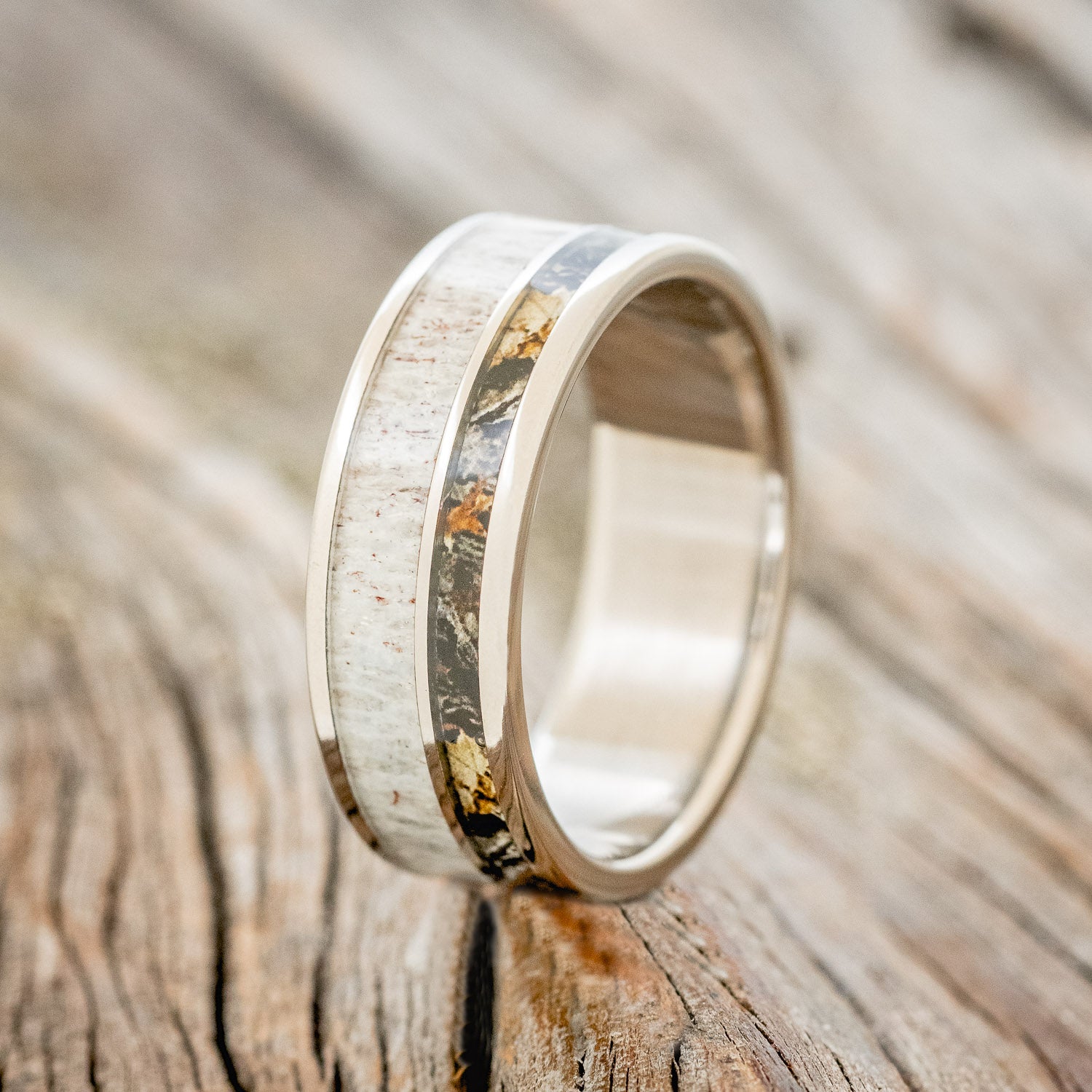 "RAPTOR" - CAMO & ELK ANTLER INLAY WEDDING BAND - READY TO SHIP-1