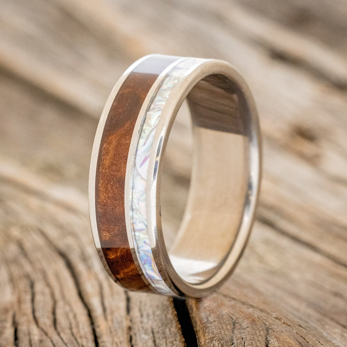 "RAPTOR" - KOA WOOD & PEARL BURL DICHROLAM INLAY WEDDING BAND-1