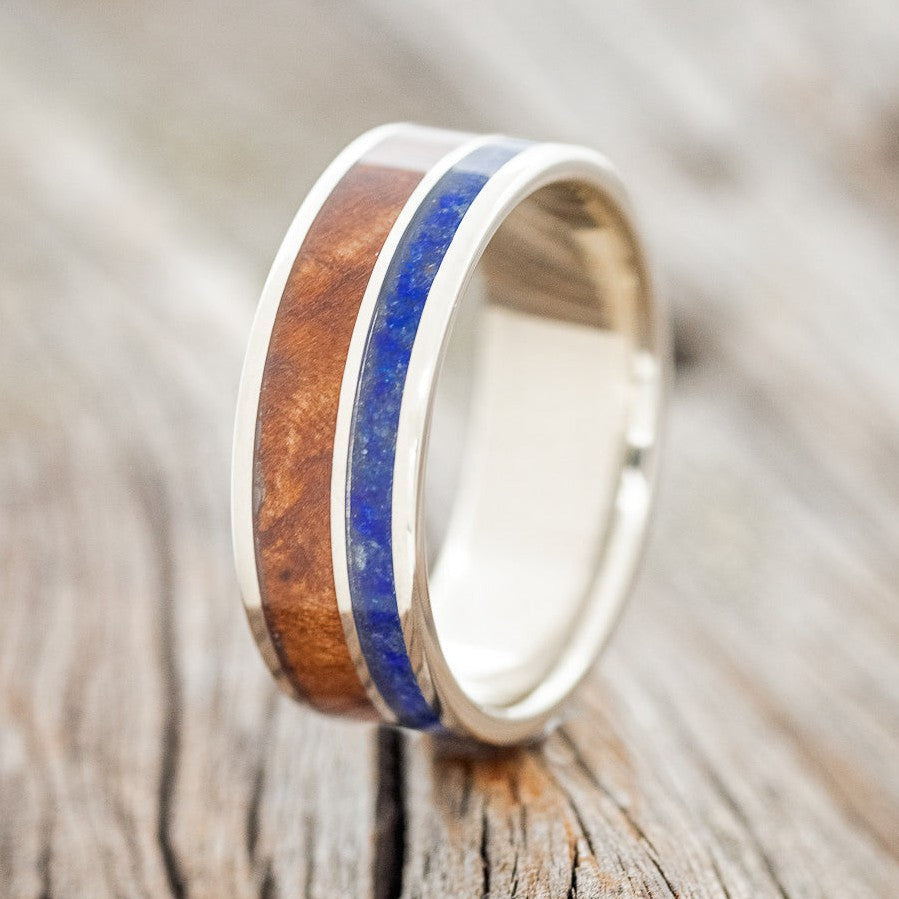 "RAPTOR" - LAPIS LAZULI & REDWOOD WEDDING RING FEATURING A 14K GOLD BAND-1