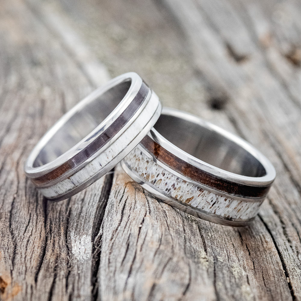 "RAPTOR" - MATCHING SET OF ANTLER & IRONWOOD WEDDING BANDS-1