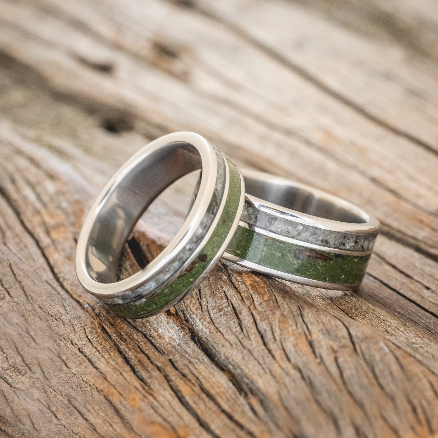 "RAPTOR" - MATCHING SET OF MOSS WITH MOLDAVITE & MOONSTONE MIX WEDDING BANDS-1