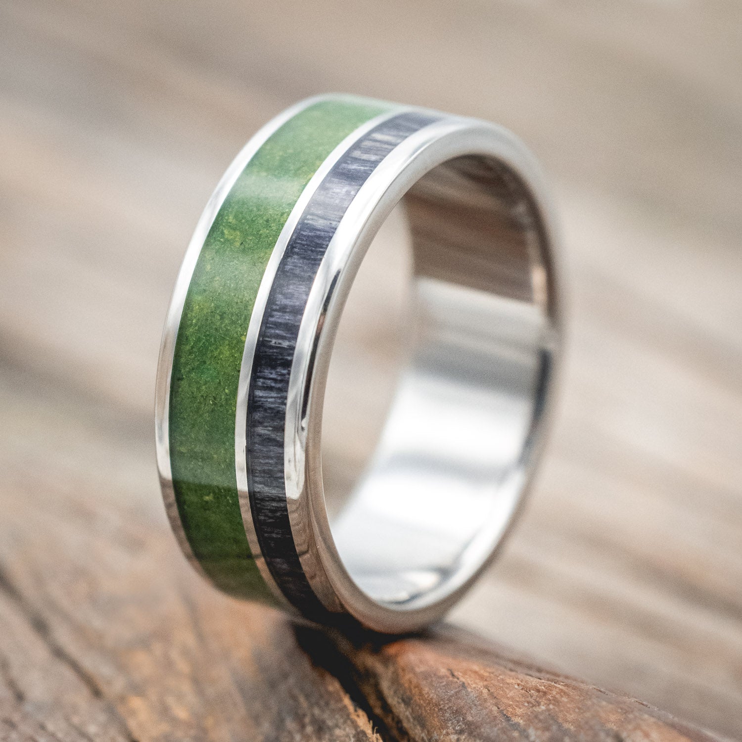 "RAPTOR" - MOSS WITH GREY BIRCH WOOD WEDDING BAND-Staghead Designs
