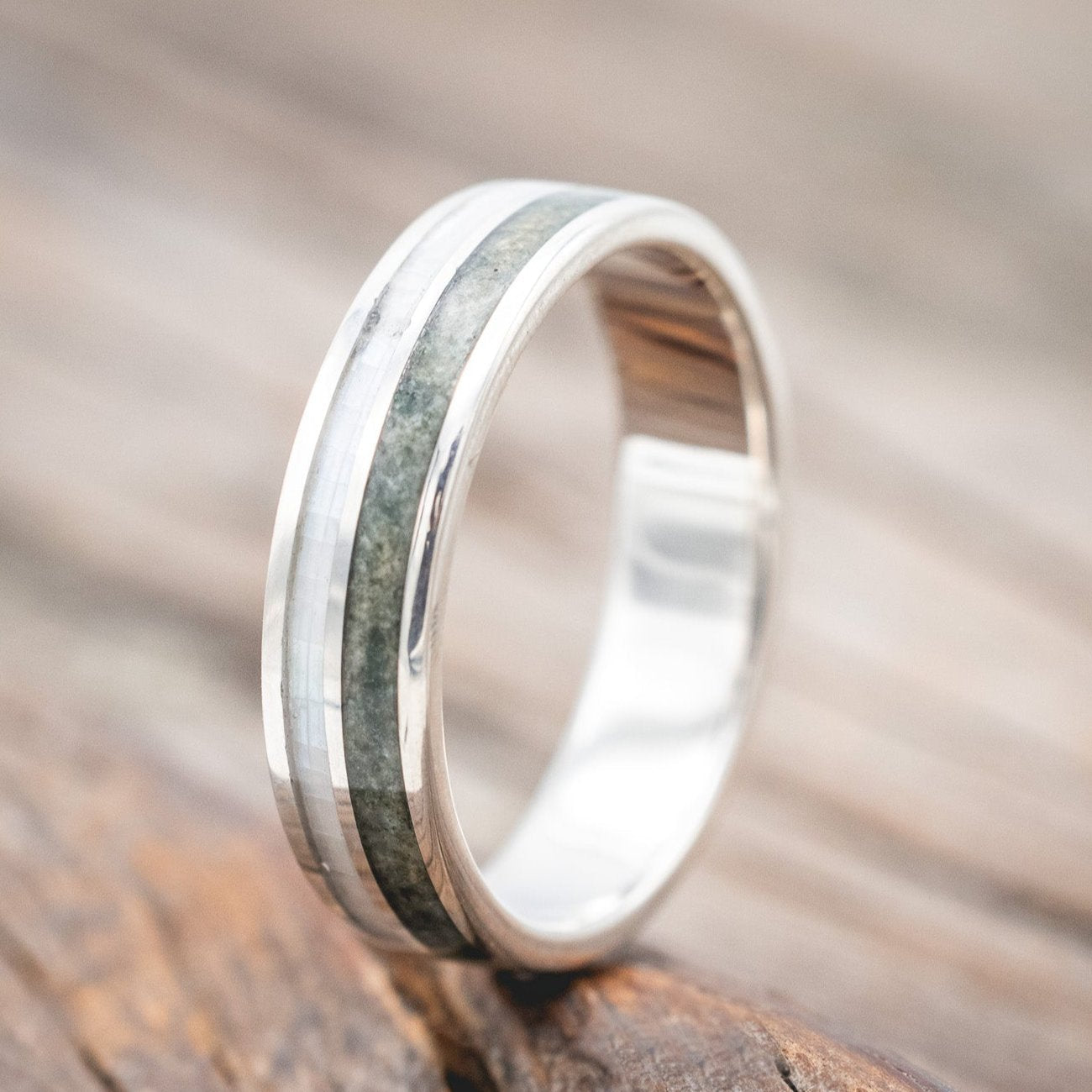 "RAPTOR" - MOTHER OF PEARL & CRUSHED MOSS AGATE WEDDING BAND-Staghead Designs