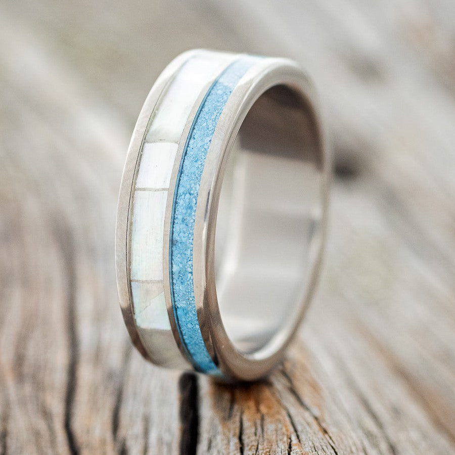 "RAPTOR" - MOTHER OF PEARL & TURQUOISE WEDDING BAND-1