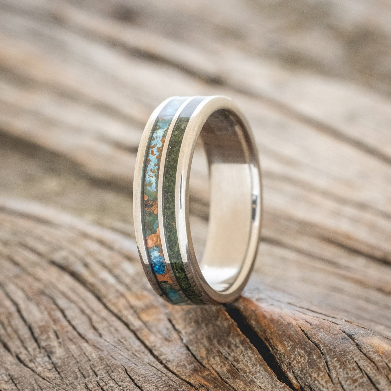 "RAPTOR" - PATINA COPPER WITH MOLDAVITE & MOSS MIX WEDDING BAND-1