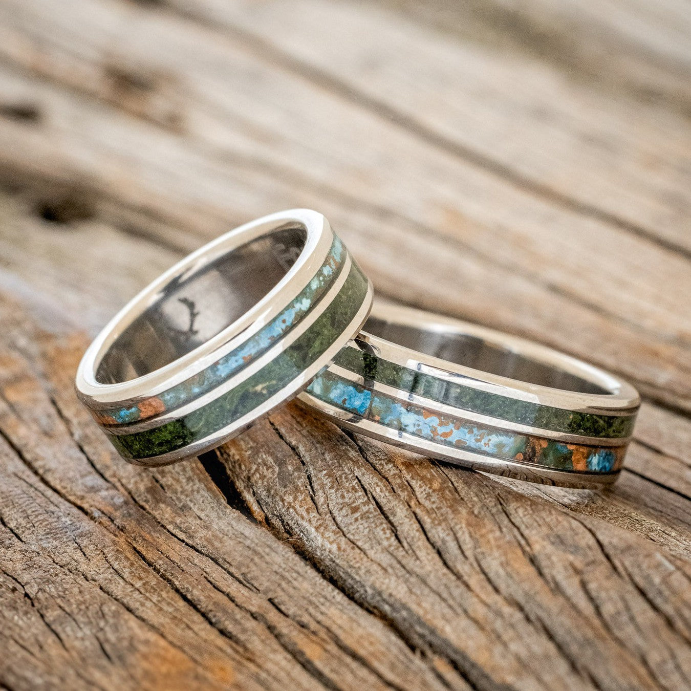 "RAPTOR" - PATINA COPPER WITH MOLDAVITE & MOSS MIX WEDDING MATCHING SET-1