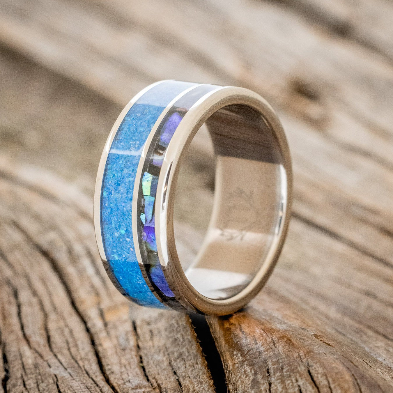 "RAPTOR" - PAUA SHELL & BLUE OPAL WEDDING BAND-1